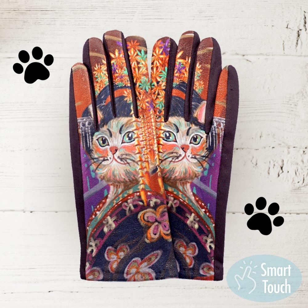 MultiColored Cat Print Smart Touch Fun Winter Gloves Trendy Statement Accessory